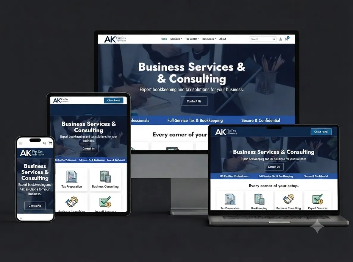 AK FinTax Advisors business and tax services website on desktop, laptop, tablet and phone