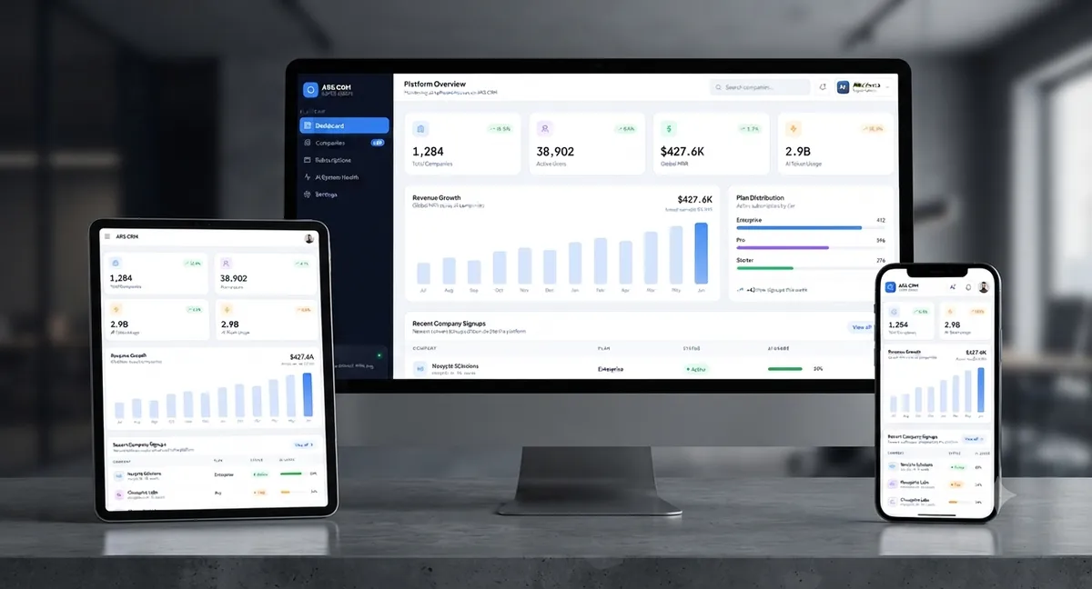 CRM software dashboard on desktop, tablet and phone, showing revenue growth, plan distribution and recent company signups