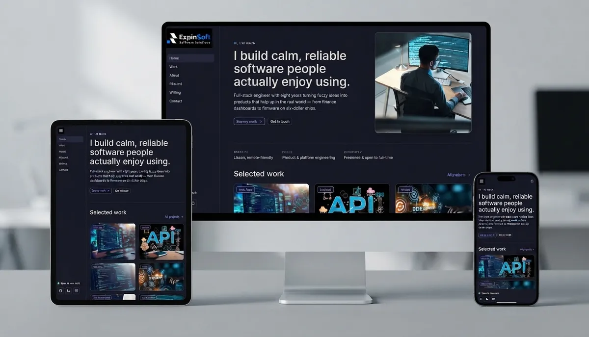 Developer portfolio website on desktop, tablet and phone, with a hero section and selected work gallery