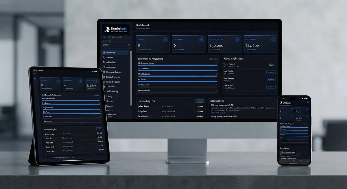 Institute management system dashboard on desktop, tablet and phone, showing enrolment by programme, recent applications and outstanding fees