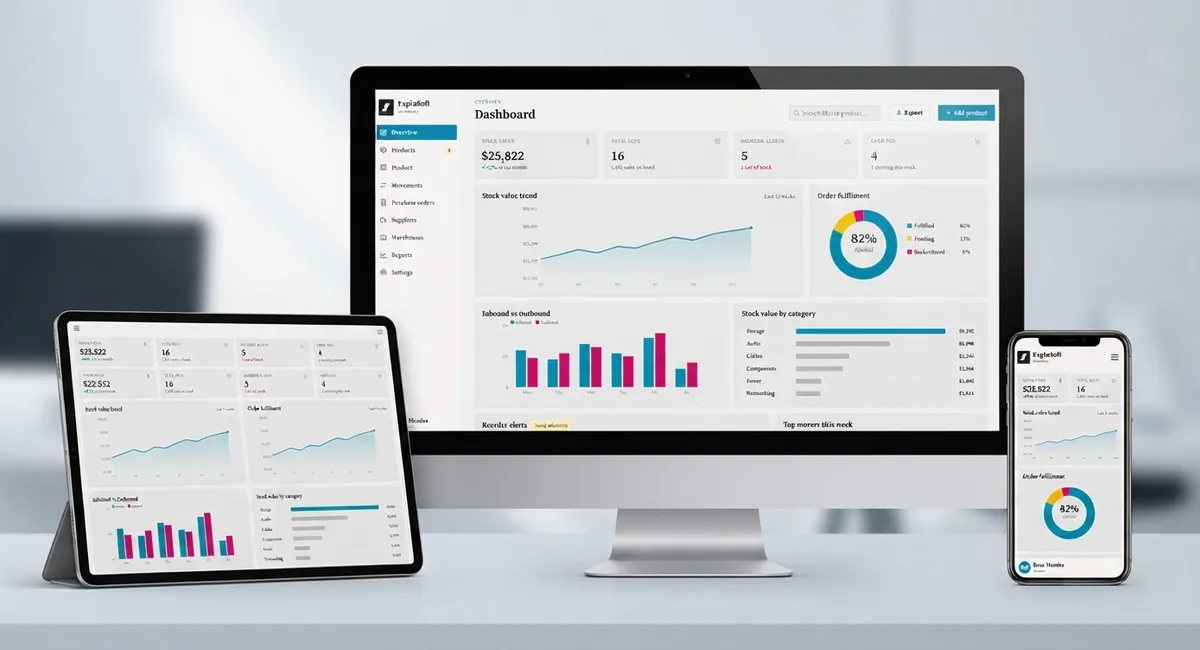 Inventory management dashboard on desktop, tablet and phone, showing stock value trend, order fulfilment and stock by category