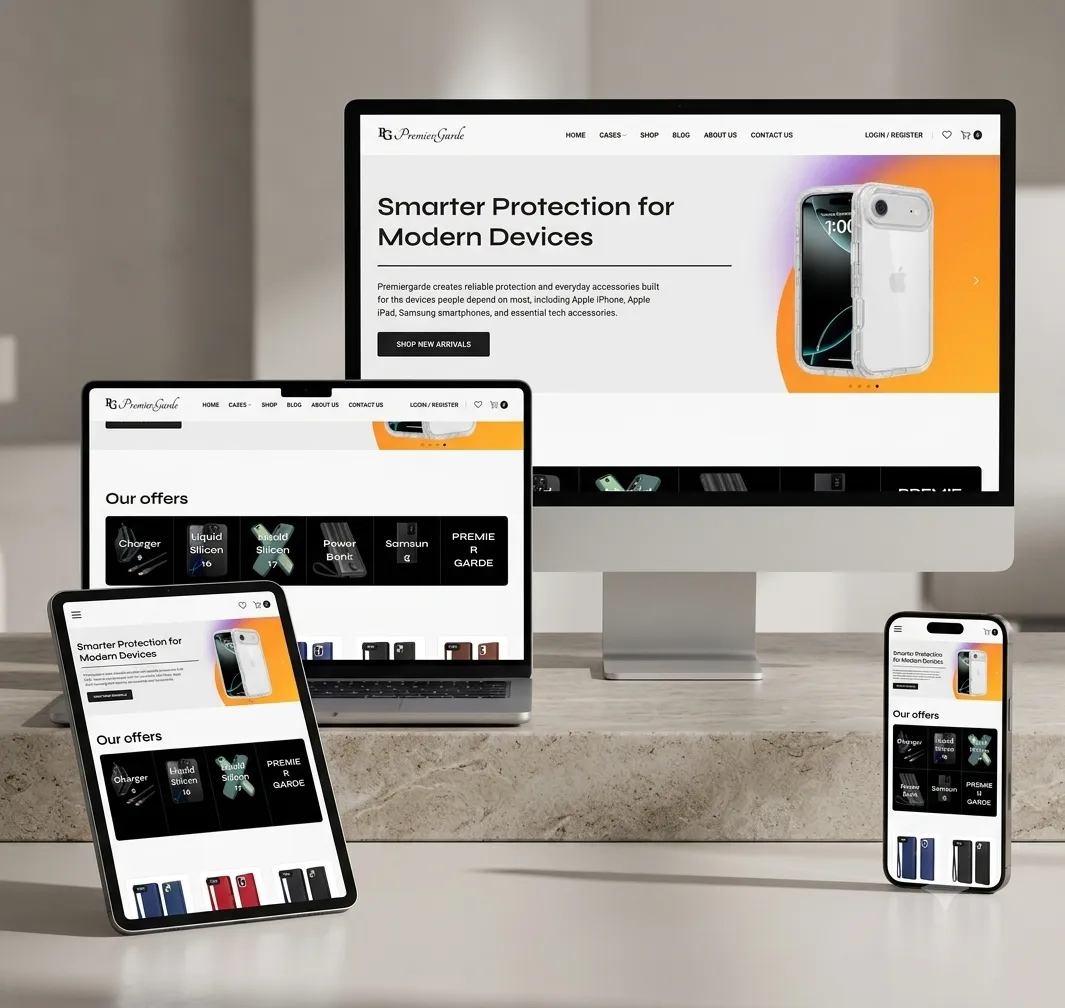 PremierGarde phone accessories store on desktop, laptop, tablet and phone, showing the homepage hero and product offers