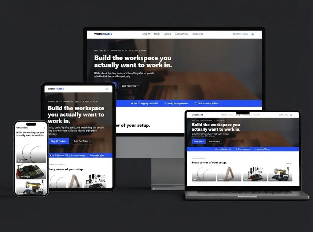 The Work Frame home-office gear store on desktop, laptop, tablet and phone