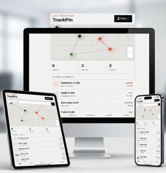 TrackPin asset tracking app on desktop, tablet and phone, showing a live map of containers and pallets with status