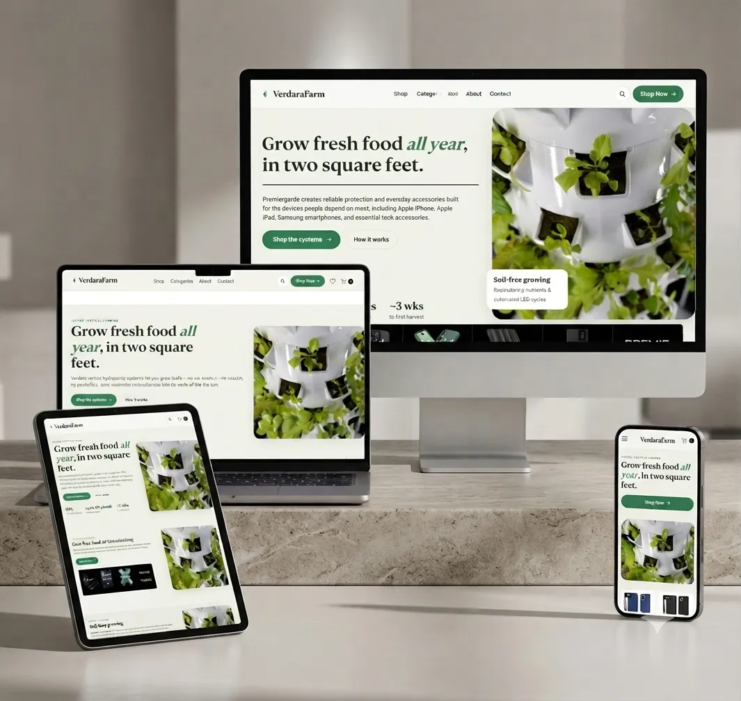 VerdaraFarm hydroponic gardening store homepage on desktop, laptop, tablet and phone
